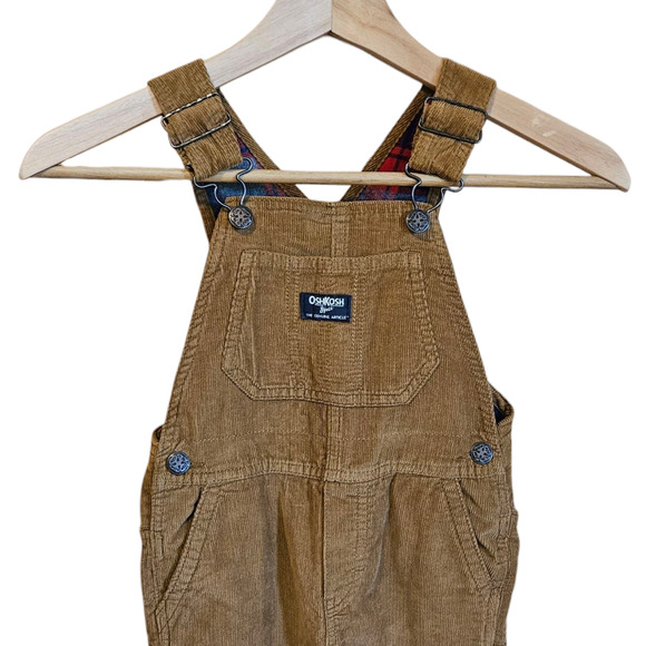 OshKosh Overalls Corduroy Brown Flannel Lined Red Blue Toddler Size 4T - Picture 2 of 7